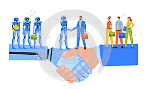Business Cooperation with Robots Concept. Human and Modern Cyborgs Team Characters Handshake, Successful Deal