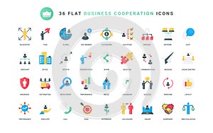 Business cooperation trendy flat icons set, growth of partnership in corporate team