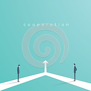 Business cooperation vector concept with two businessman and arrow connected. Symbol of teamwork, collaboration