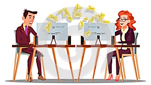 Business Correspondence, Envelopes Flying At The Table Of Manager Vector. Isolated Illustration