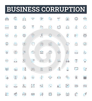 Business corruption vector line icons set. Bribery, Fraud, Embezzlement, Extortion, Collusion, Rigging, Monopoly