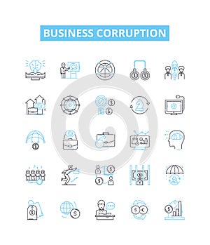 Business corruption vector line icons set. Bribery, Fraud, Embezzlement, Extortion, Collusion, Rigging, Monopoly