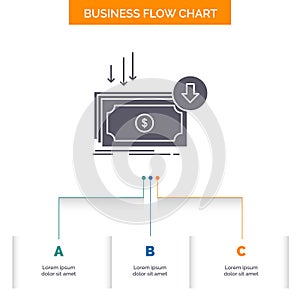 Business, cost, cut, expense, finance, money Business Flow Chart Design with 3 Steps. Glyph Icon For Presentation Background