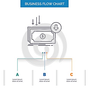 Business, cost, cut, expense, finance, money Business Flow Chart Design with 3 Steps. Line Icon For Presentation Background