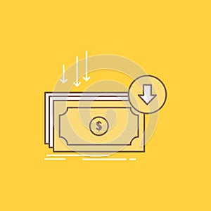 Business, cost, cut, expense, finance, money Flat Line Filled Icon. Beautiful Logo button over yellow background for UI and UX,