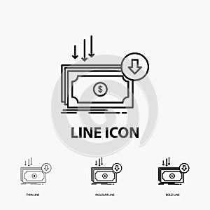 Business, cost, cut, expense, finance, money Icon in Thin, Regular and Bold Line Style. Vector illustration