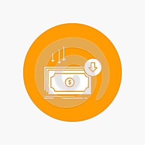 Business, cost, cut, expense, finance, money White Glyph Icon in Circle. Vector Button illustration