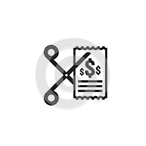 Business cost reduction icon. Money dollar decrease symbol. Scissors cuts discounts coupon icon in white background. vector illust