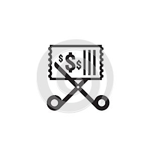 Business cost reduction icon. Money dollar decrease symbol. Scissors cuts discounts coupon icon in white background. vector illust