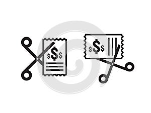 Business cost reduction icon. Money dollar decrease symbol. Scissors cuts discounts coupon icon in white background. vector illust