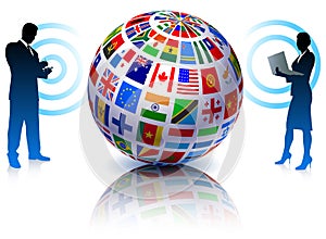 Business Couple with Flags Globe