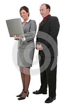 Business Couple With Laptop Computer Over White Background