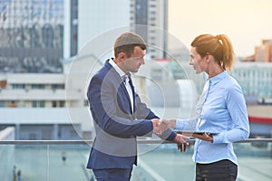 Business couple shaking hands.