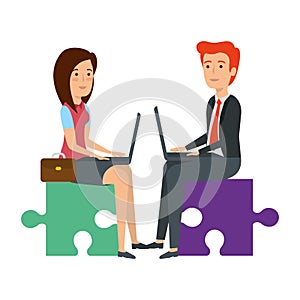 Business couple sitting in puzzle piece with laptop