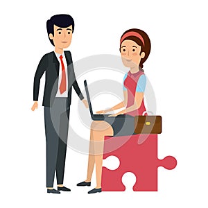 Business couple sitting in puzzle piece with laptop