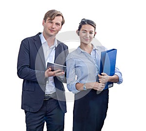 Business couple  walking have a tablet and a file in hand Smile and look at the camera. isolated on white background with clipping