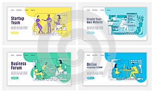 Business coworking landing page flat silhouette vector templates set