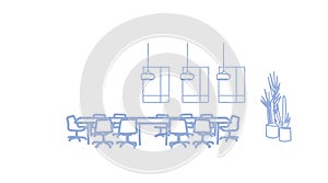 Business coworking open space modern conference hall round table for meeting office interior empty no people room sketch
