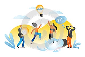 Business creative idea concept, vector illustration. People team group try to catch light bulb, businessman woman
