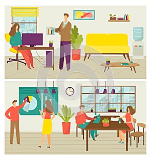 Business creative teamwork banners set of vector illustration. People working in team in office, creativity