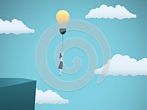 Business creativity vector concept with business woman flying off a cliff with lightbulb. Symbol of innovation