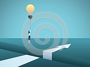 Business creativity vector concept with business woman flying over gap with lightbulb. Symbol of innovation, invention