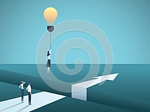 Business creativity vector concept with woman flying with lightbulb. Symbol of creative solution, breakthrough