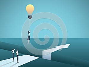 Business creativity vector concept with woman flying with lightbulb. Symbol of creative solution, breakthrough photo