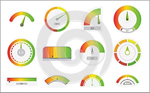 Business credit score speedometers. Credit score indicators with color levels from poor to good. Level indicator, credit loan