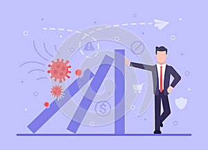 Business crisis concept during coronavirus. Vector flat businessman restrains the fall of business from the crisis. Danger of