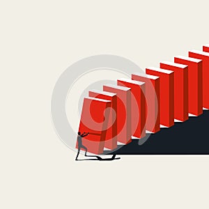Business crisis domino effect vector concept with businessman pushing domino blocks. Risk, collapse, disruption symbol.