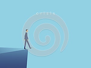 Business crisis or failure vector concept with businessman walking off a cliff. Symbol of bankruptcy, recession