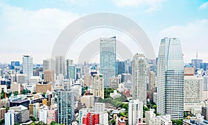Panoramic modern city skyline bird eye aerial view with blue sky in Tokyo, Japan