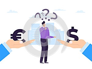 Business currency euro and dollar, vector illustration. Flat finance money banking, exchange cash concept. Man character