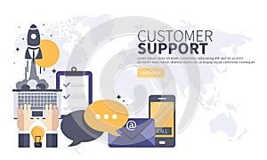 Business customer care service concept. Flat website banner for contact us, support, help, phone call and website click.