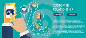 Business customer care service concept. Icons set of contact us, support, help, phone call and website click. Man sitting on the f
