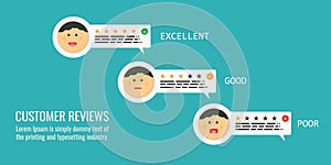 Business customer review concept, feedback, rating on customer service. Flat design vector banner.