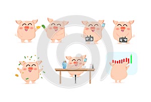 Business cute pig characters, animal cartoon working concept, richness and investment, mascot collection vector illustration
