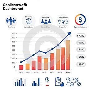 Business dashboard displaying financial data. Features include a bar graph with an