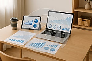 Business data analysis on laptop and tablet