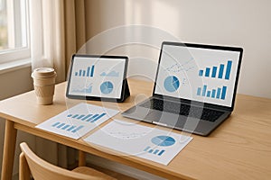 Business data analysis on laptop and tablet