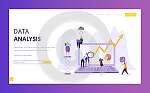 Business Data Analysis Research Landing Page. Marketing Strategy Development with People Character Analyzing Plan Chart