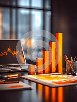 Business data analysis with rising growth charts and financial reports in a modern workspace