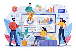 Business data analysis and statistics concept showcasing team collaboration with visualizations in a modern workspace setting