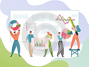 Business data analysis vector illustration. People cartoon characters analyse statistic information. Analytical research