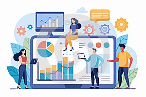 Business data analytics concept depicting professionals analyzing charts and graphs on a large screen in a modern office