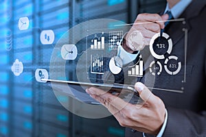 Business data analytics management with connected gear cogs with KPI financial charts