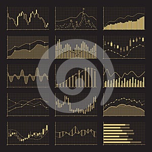 Business data financial charts. Stock analysis graphics on black background