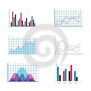 Business data market elements dot pie bar charts diagrams and graphs flat icons set. Statistic and data, information infographic.