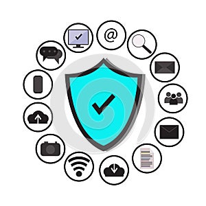 Business data protection technology and cloud network security, icons set ,blue, white background.